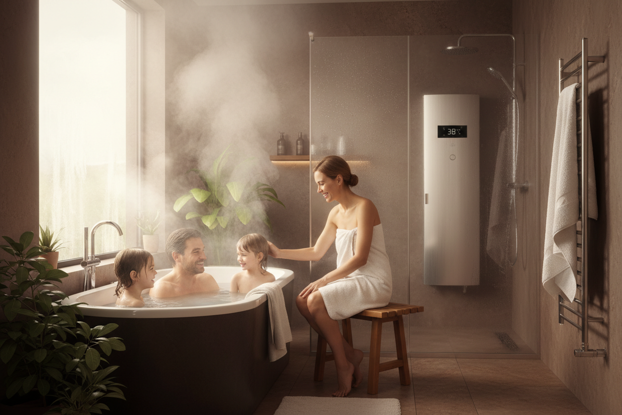 Happy family in a modern bathroom enjoying hot water, steam visible, cozy and warm feeling, natural light, realistic skin tones, comfortable home lifestyle, premium residential heating solution