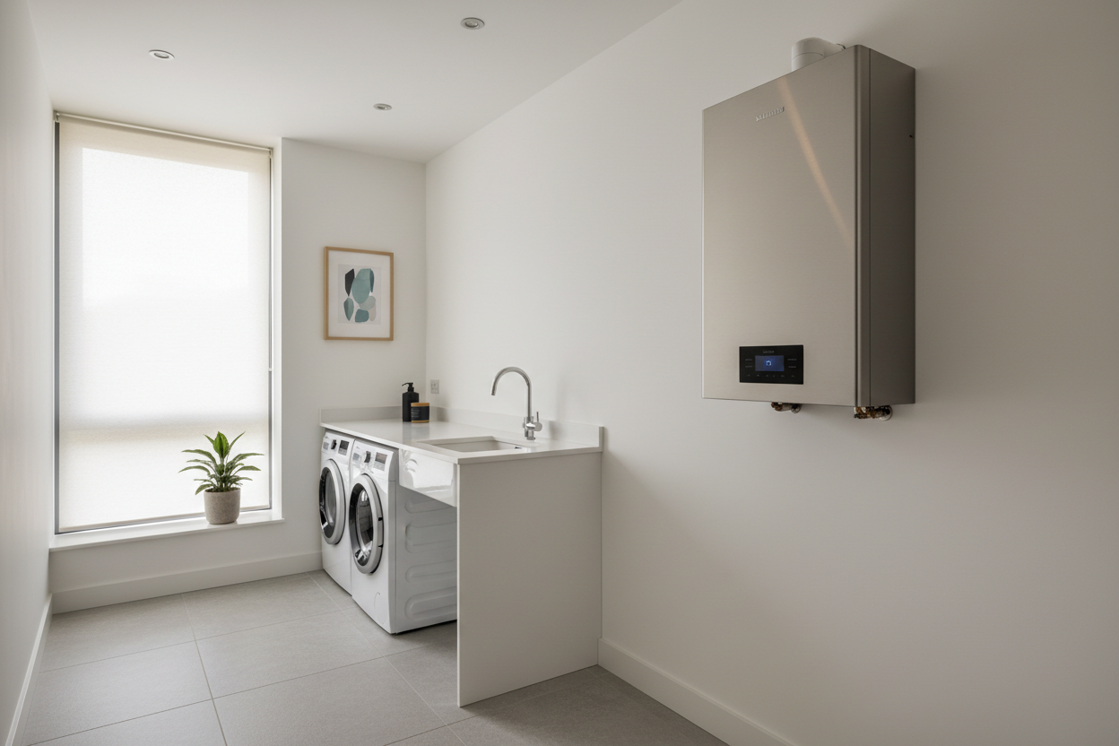 Modern UK home interior with a sleek wall-mounted tankless water heater in a clean utility room, warm lighting, minimalist design, professional and premium atmosphere, high realism, soft shadows, modern home comfort, 4K, photorealistic